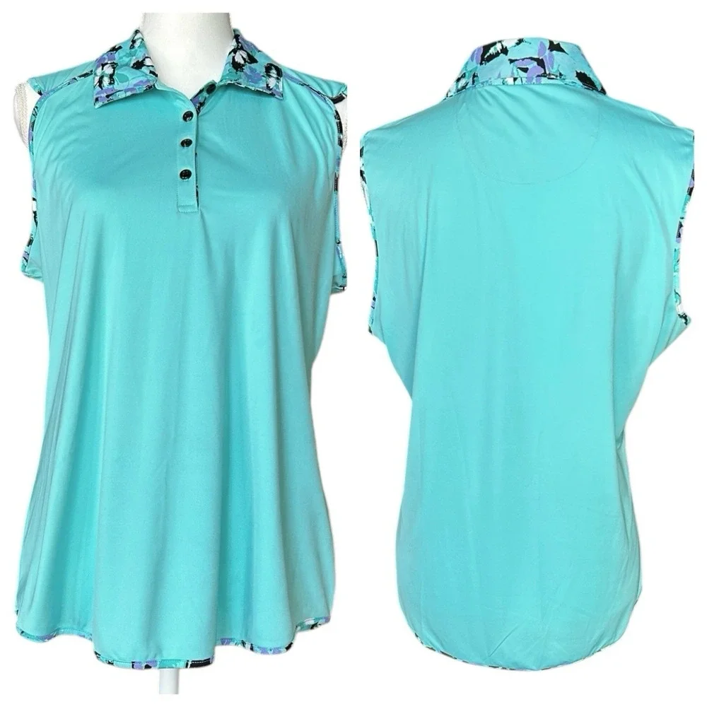 GREG NORMAN Sleeveless Top sz L Aqua Butterfly Print Spread Collar Athletic - Picture 2 of 7
